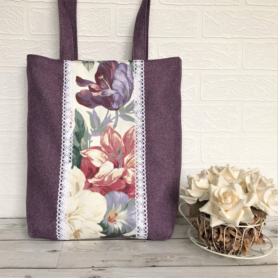 SALE, Purple tote bag with floral panel featuring Summer flowers