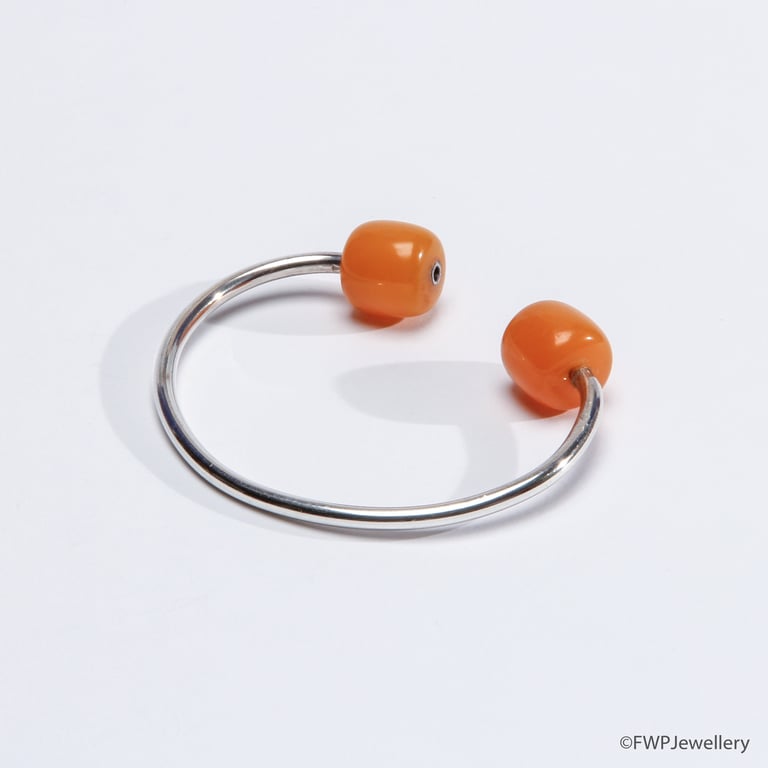 Silver Bangle with Orange Resin Beads