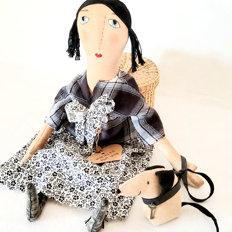Walking the dog primitive cloth doll