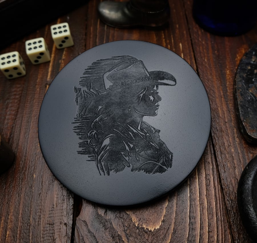 Handcrafted Coaster with Engraved Cowgirl – Decorative Accent