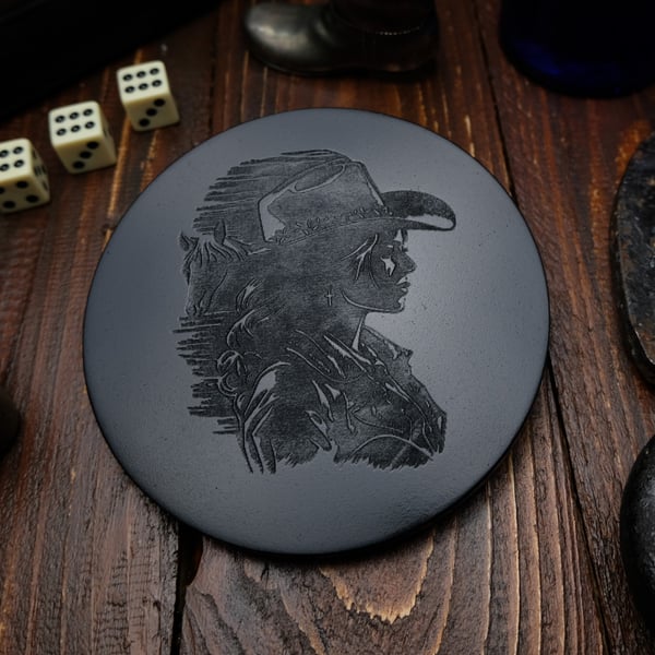 Handcrafted Coaster with Engraved Cowgirl – Decorative Accent