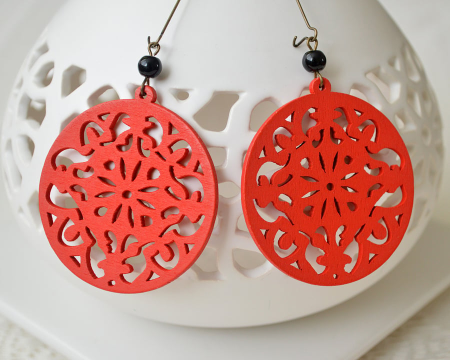 Red Filigree Wooden Earrings