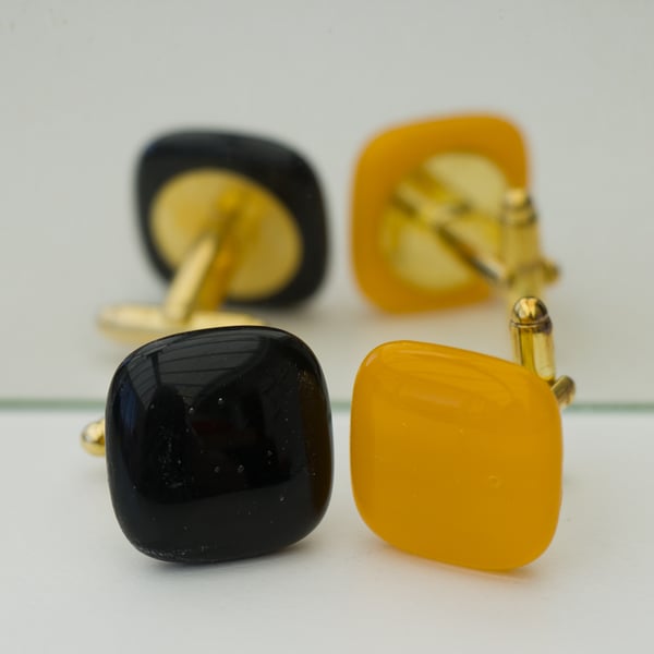 Black & Gold Coloured Glass Cufflinks - 4047