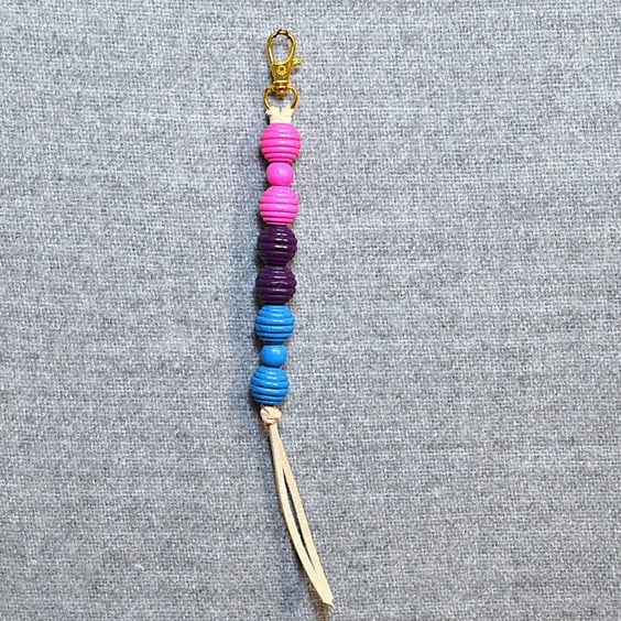 Bag Charm – Bisexual Pride Flag Wood Beads on Suede Cord