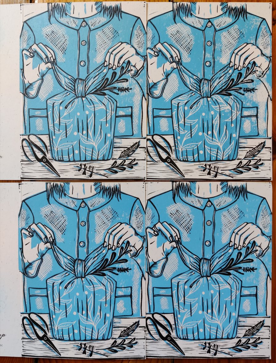 Furoshiki Present Lino Hand Printed Blank Card