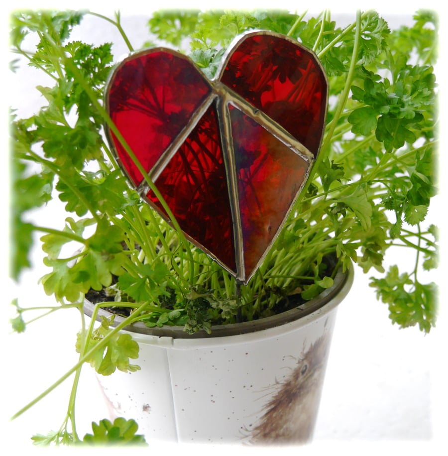 Heart Stained Glass Plant Stick Suncatcher Red  