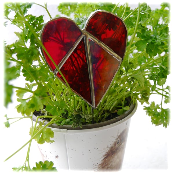 Heart Stained Glass Plant Stick Suncatcher Red  