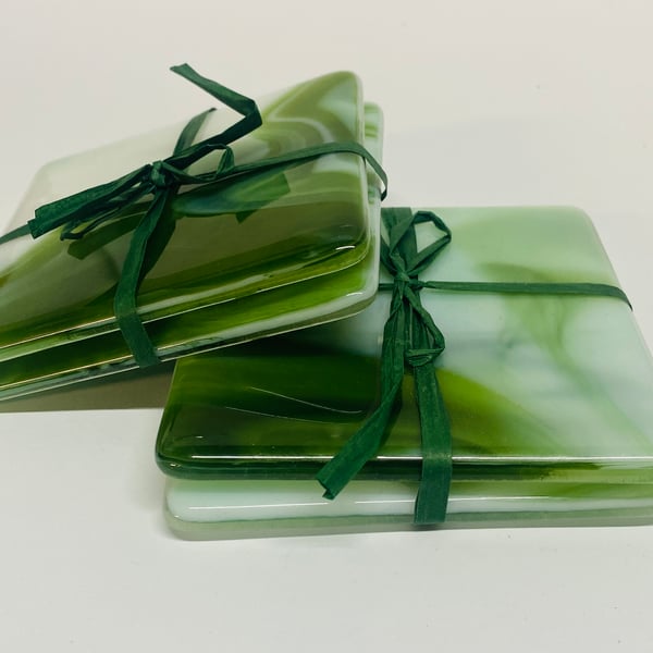 A Pair of Beautiful Green and White Handmade Fused Glass Coasters