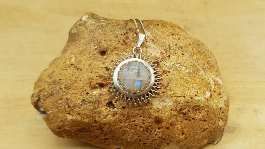 Rainbow Moonstone Sun Pendant. June's Birthstone. Reiki Charged
