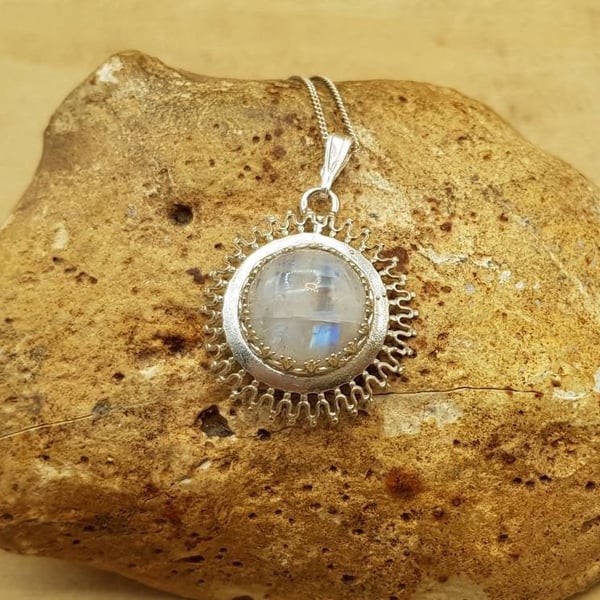 Rainbow Moonstone Sun Pendant. June's Birthstone. Reiki Charged