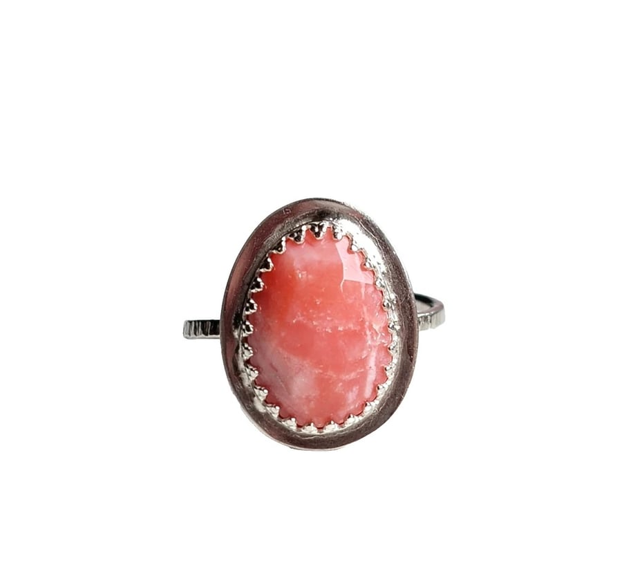 Pink Opal Ring Adjustable Sterling Silver .925 Handmade Jewellery Gift Rose Cut