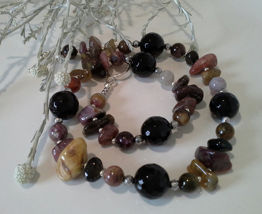 Chunky Designef Genuine Tourmaline & Black Onyx Statement Silver Plate Necklace 