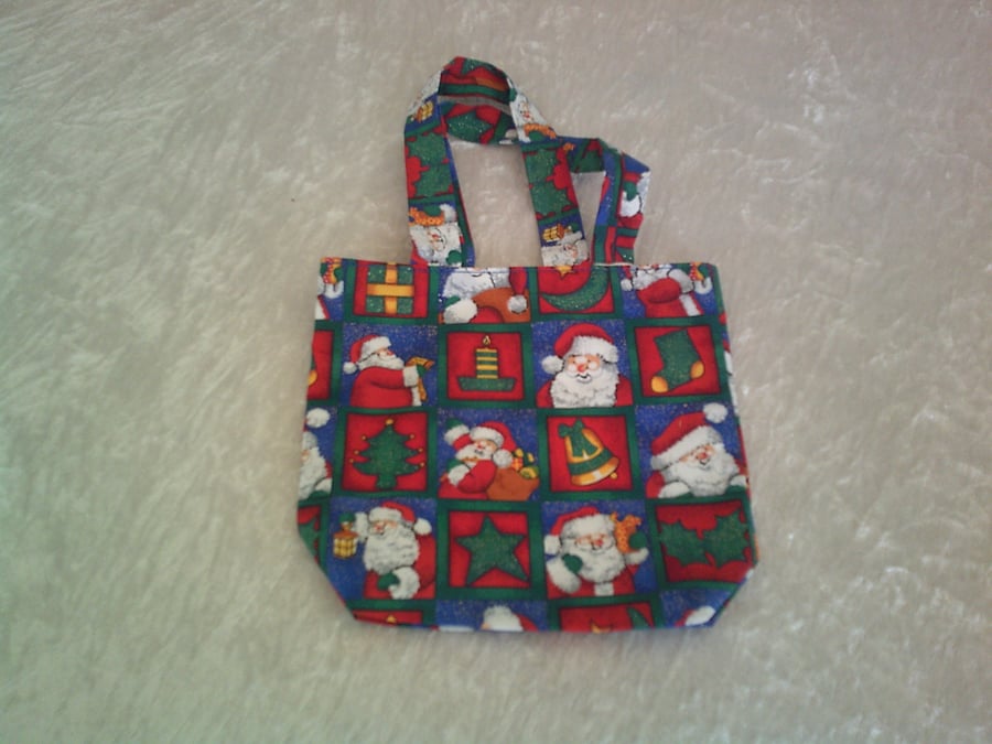 Christmas Gift Bag with Bells, Santa and Holly Leaves in Squares