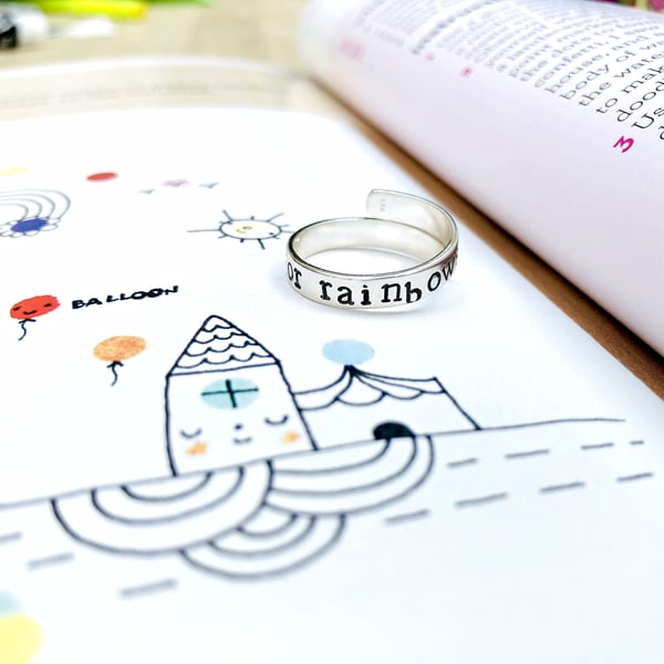 "Look for rainbows" - Silver adjustable wrap ring, personalised -valentine gift