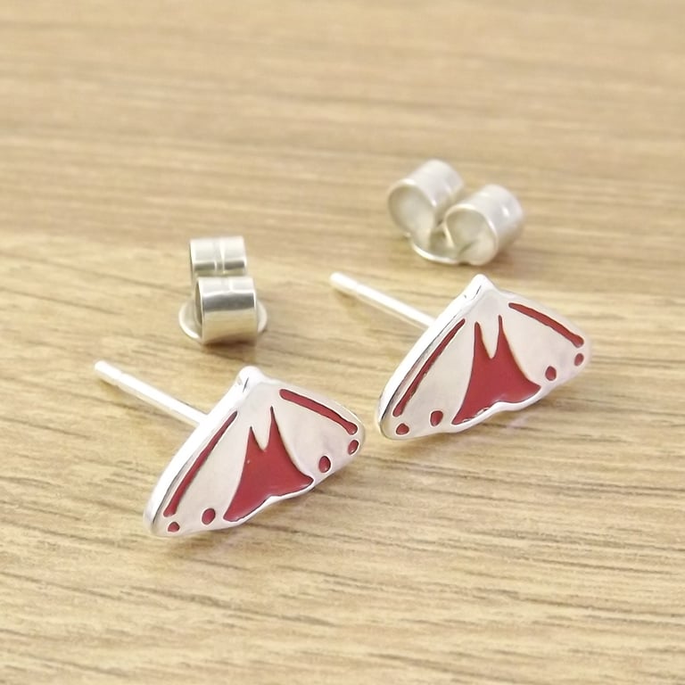 Cinnabar moth stud earrings, handmade from sterling silver