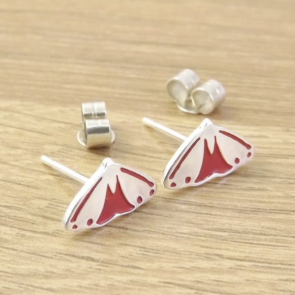 Cinnabar moth stud earrings, handmade from sterling silver