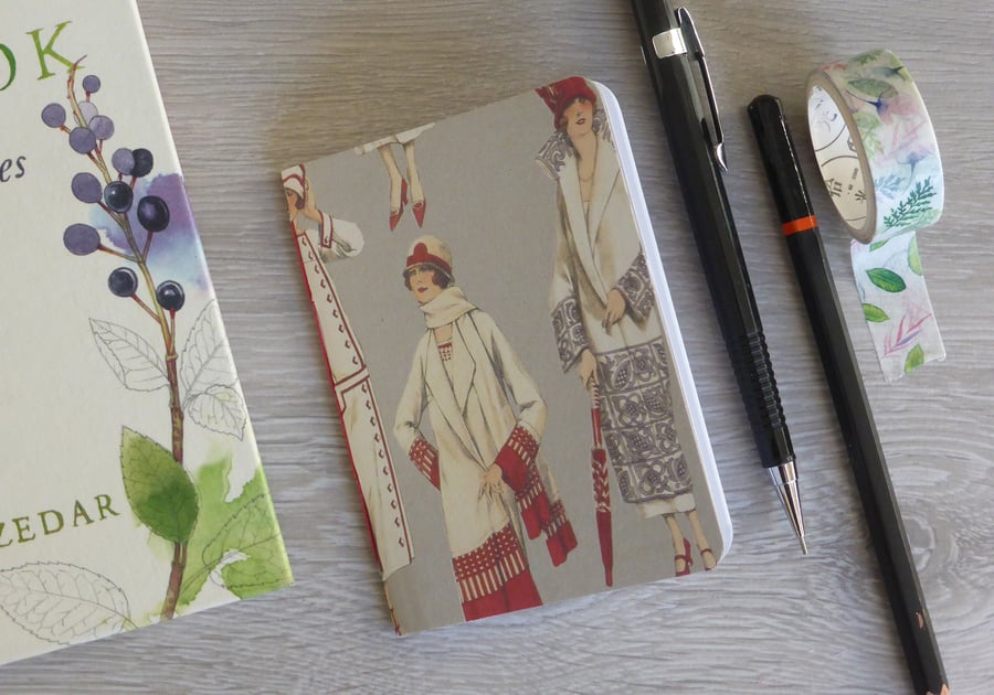 Small hand bound A7 notebook or sketchbook with 1920s fashion patterned cover