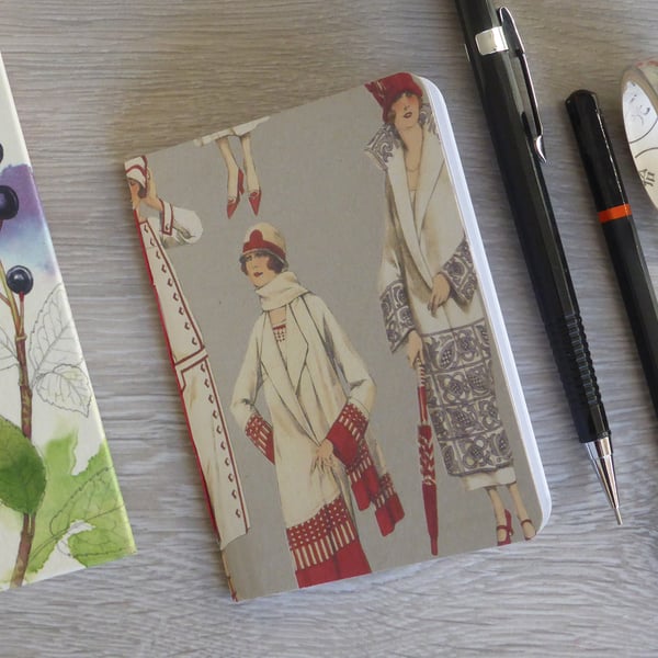 Small hand bound A7 notebook or sketchbook with 1920s fashion patterned cover