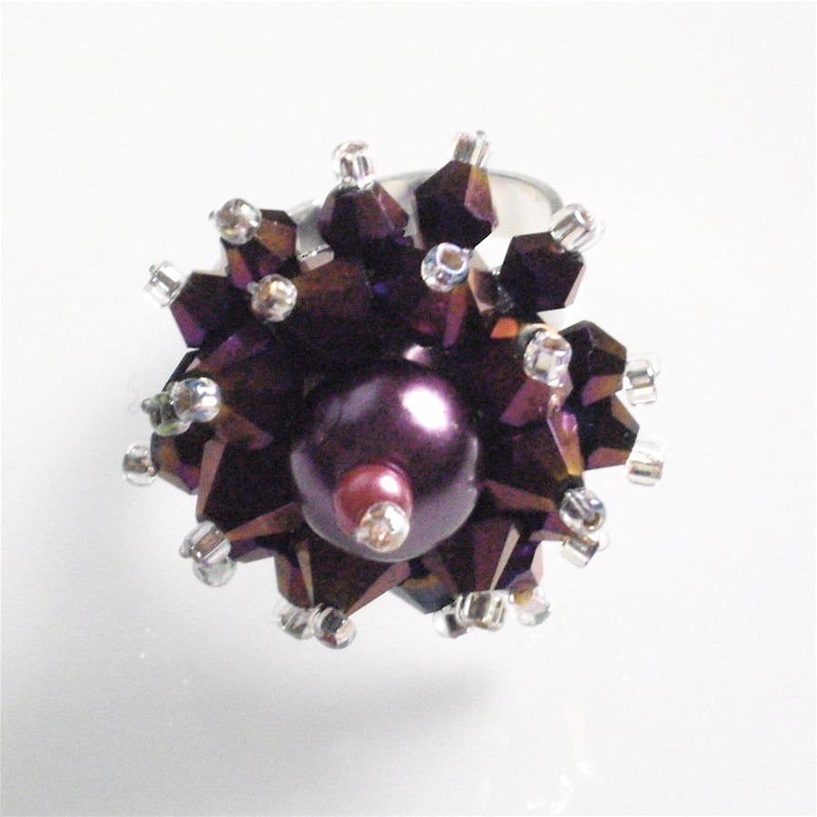 Deep Purple Pearl and Crystal Bead Adjustable Bling Ring - UK Free Post