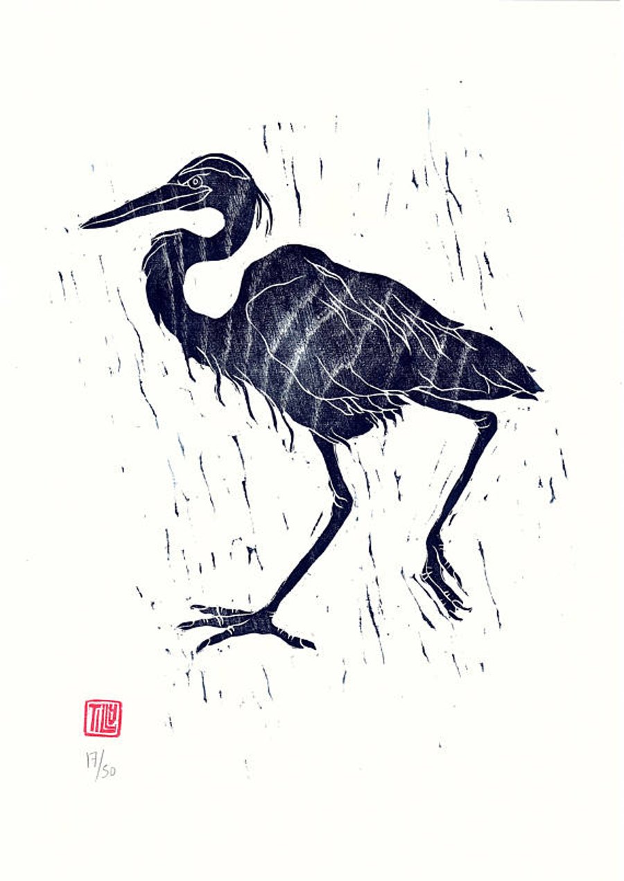 'Wet Heron' woodcut, woodblock print, Japanese, art print