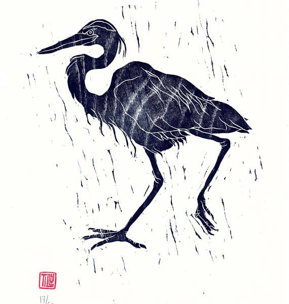 'Wet Heron' woodcut, woodblock print, Japanese, art print