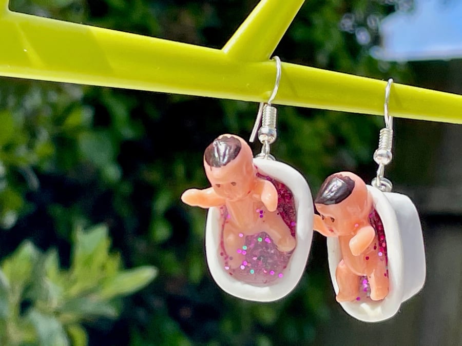 BABY EARRINGS glitter bathtub pink blue gender reveal new mum gift