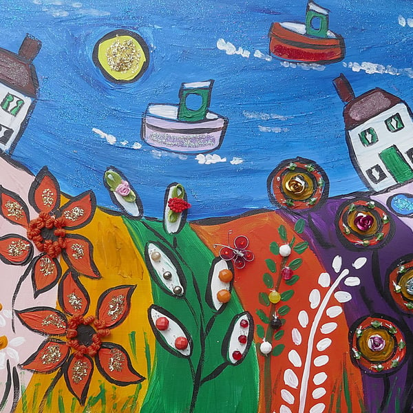 Colourful Naive seascape with embroidery acrylic painting on canvas 18" x 10"