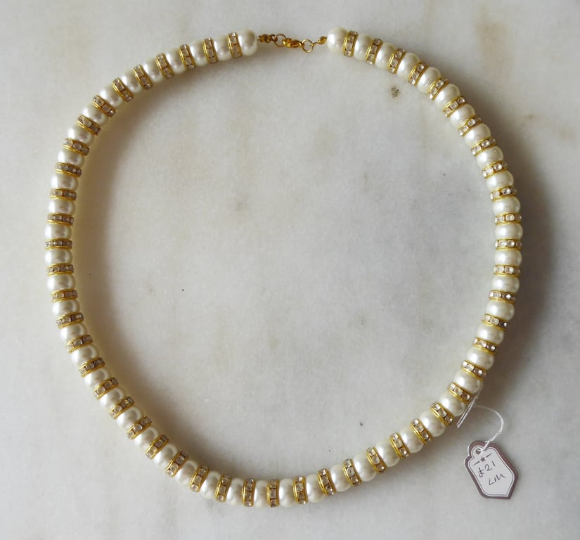 Faux Pearl and Rhinestone Gold and Ivory Necklace - Summer Seconds