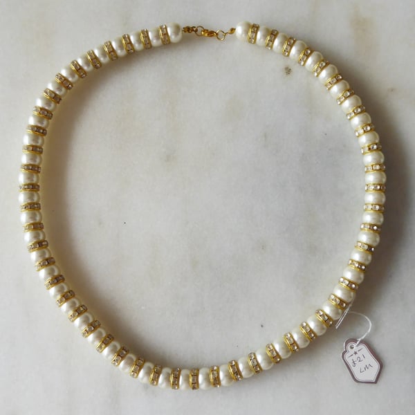 Faux Pearl and Rhinestone Gold and Ivory Necklace - Summer Seconds