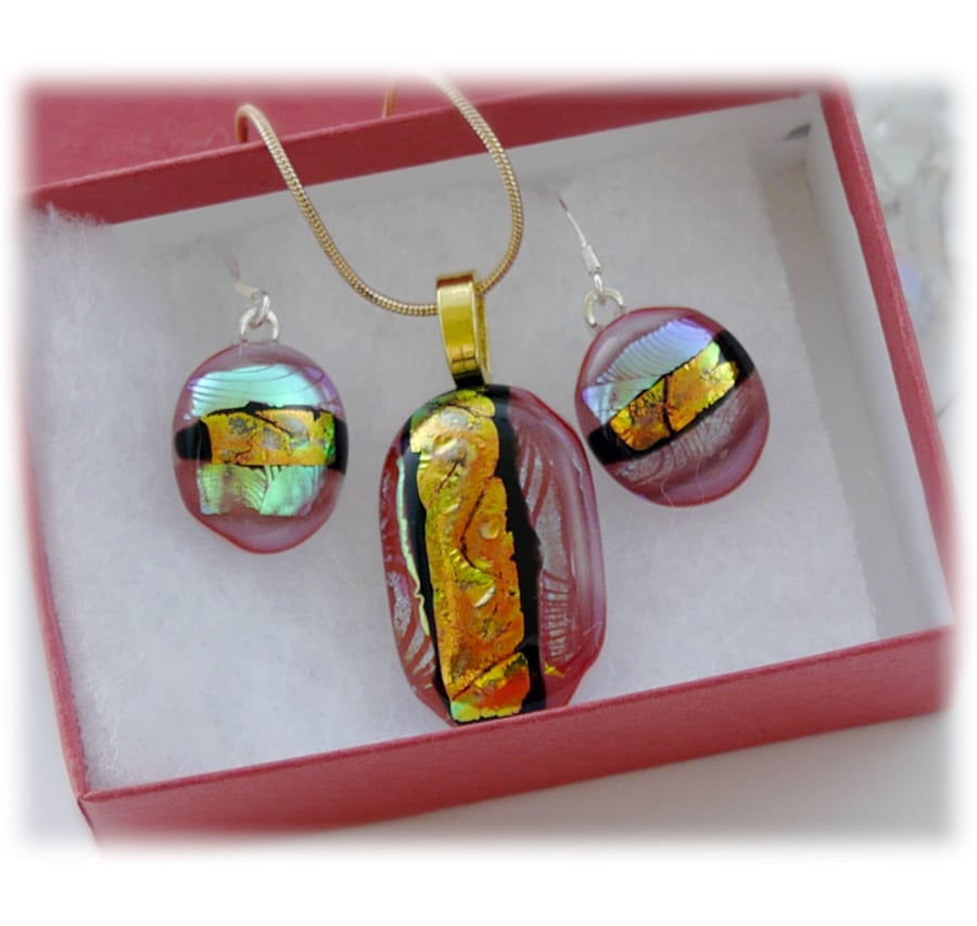 Dichroic Glass Pendant Earring Set 059 Red Copper Stripe with gold plated chain