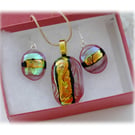 Dichroic Glass Pendant Earring Set 059 Red Copper Stripe with gold plated chain