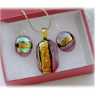 Dichroic Glass Pendant Earring Set 059 Red Copper Stripe with gold plated chain