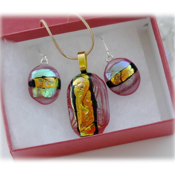 Dichroic Glass Pendant Earring Set 059 Red Copper Stripe with gold plated chain