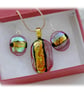 Dichroic Glass Pendant Earring Set 059 Red Copper Stripe with gold plated chain - Image 1