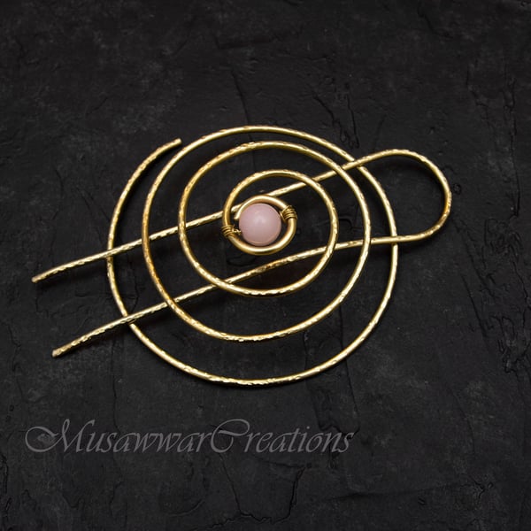 Rose pink quartz Brass cage Hair bun slide, brass hair bun slide, hair barrette,