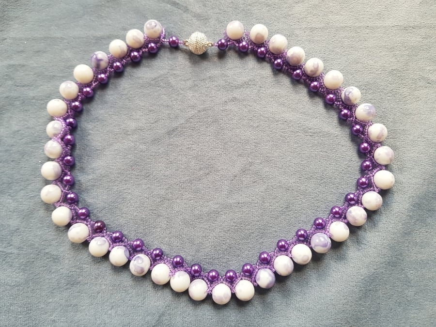 Handmade, Heavily Beaded Chunky Style Necklace Purple & white