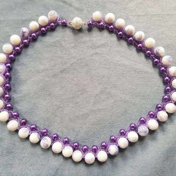 Handmade, Heavily Beaded Chunky Style Necklace Purple & white