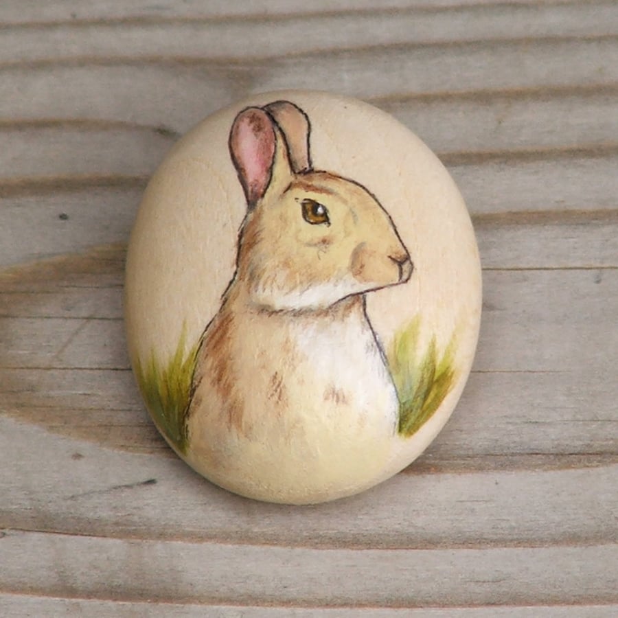 Hand painted wooden pebble - Rabbit - 3.5 x 2.75cm (1.5 x 1 inches)