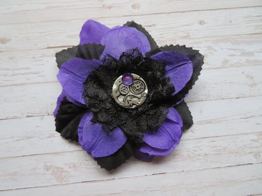 Blue Purple & Black Rose Flower Silver Steampunk Brooch Corsage Buttonhole