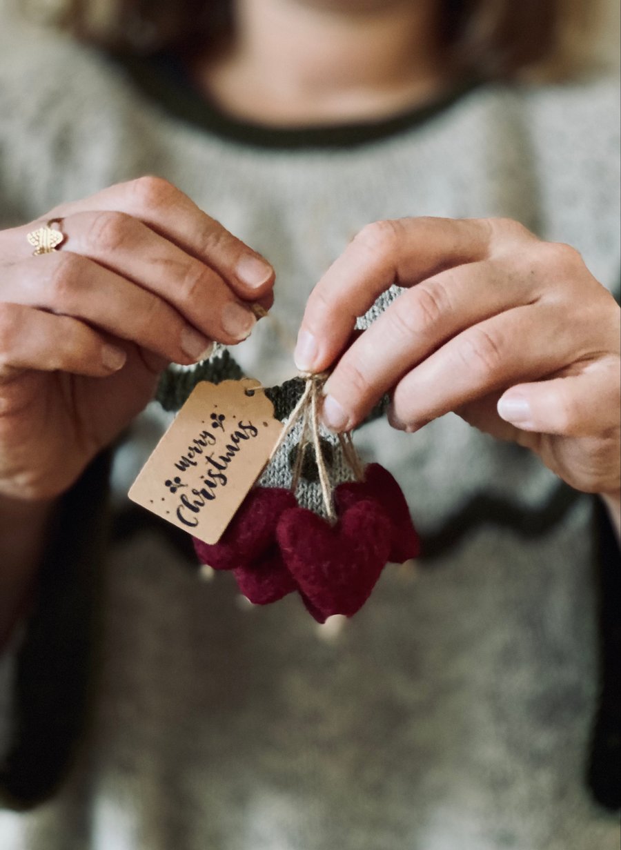 5 Needle Felt Deep Red Heart Christmas Decorations 