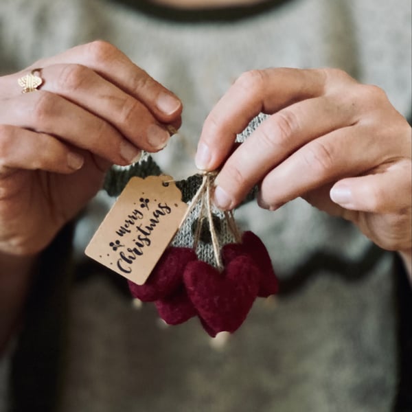 5 Needle Felt Deep Red Heart Christmas Decorations 