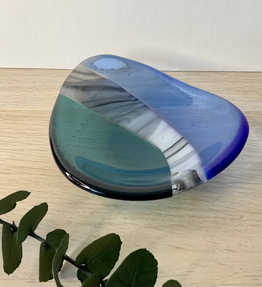 Fused glass art pebble trinket dish