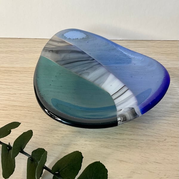 Fused glass art pebble trinket dish