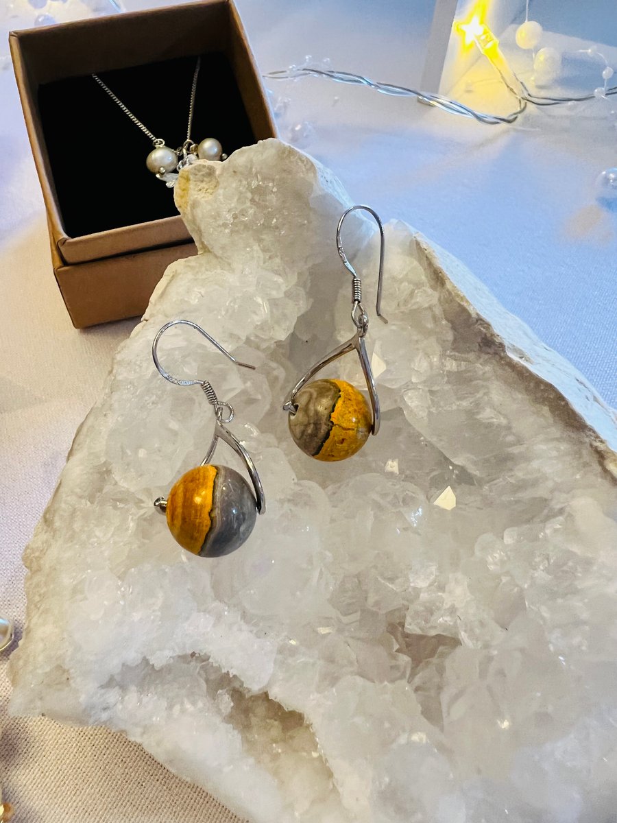 Bumblebee Jasper Gemstone 925 Wishbone Earrings 