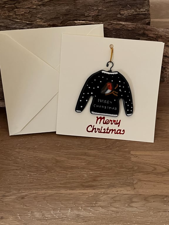 Handmade Detachable Keepsake, Fused Glass Festive Jumper Christmas Card