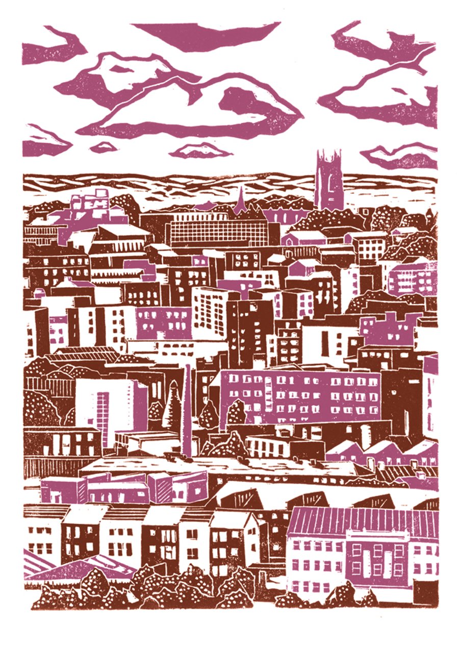 Sheffield City View No.2 A3 poster-print (pink-brown) & (grey-blue)
