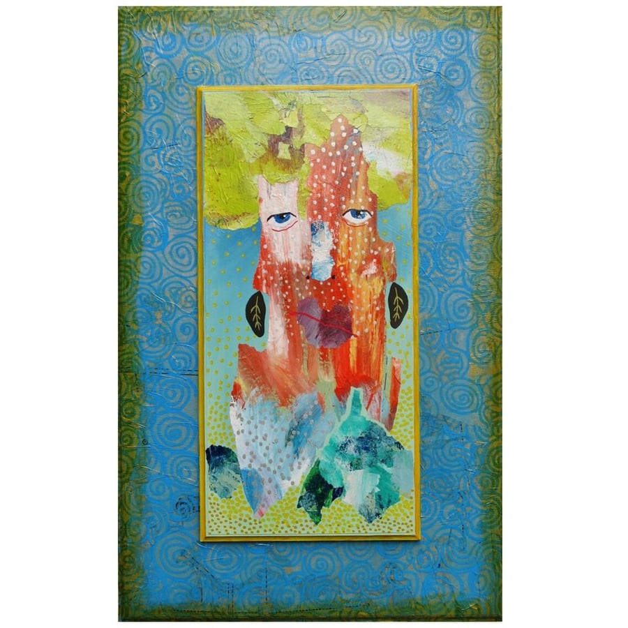 Quirky Portrait Painting Mixed Media Outsider Folk Art Artwork On Wood Panel