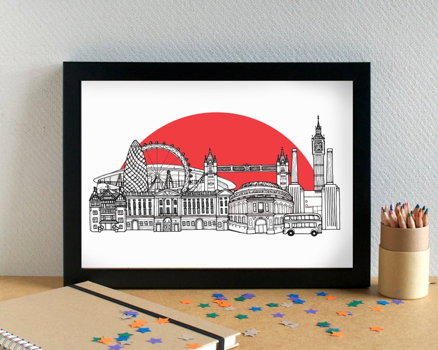 London Skyline Print - featuring Arsenal Football Club's Emirates Stadium