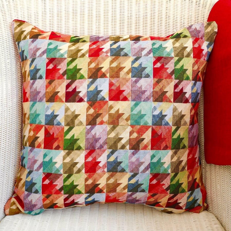 Image of Cushion Cover: Tapestry Squares design Red reverse 17" (43cm)