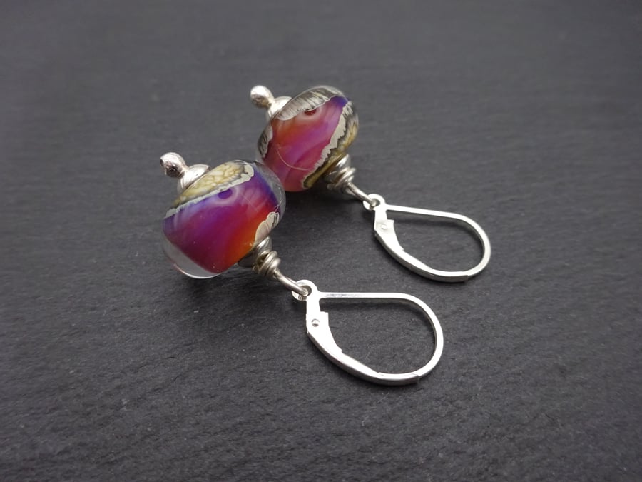 purple wrapped lampwork glass lever back earrings